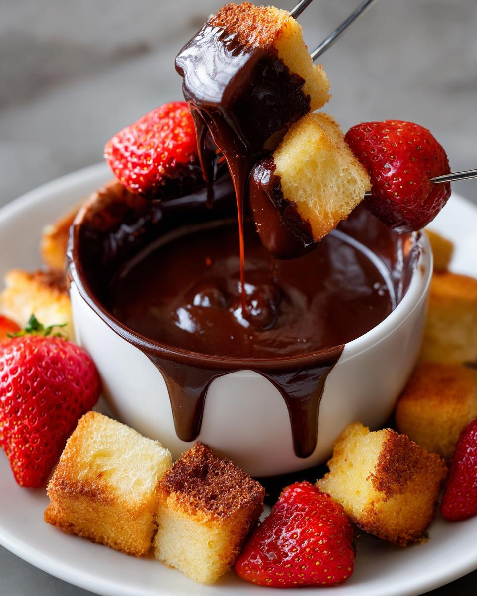 Close-up of cake cubes and strawberries being dipped into a bowl of rich chocolate fondue.