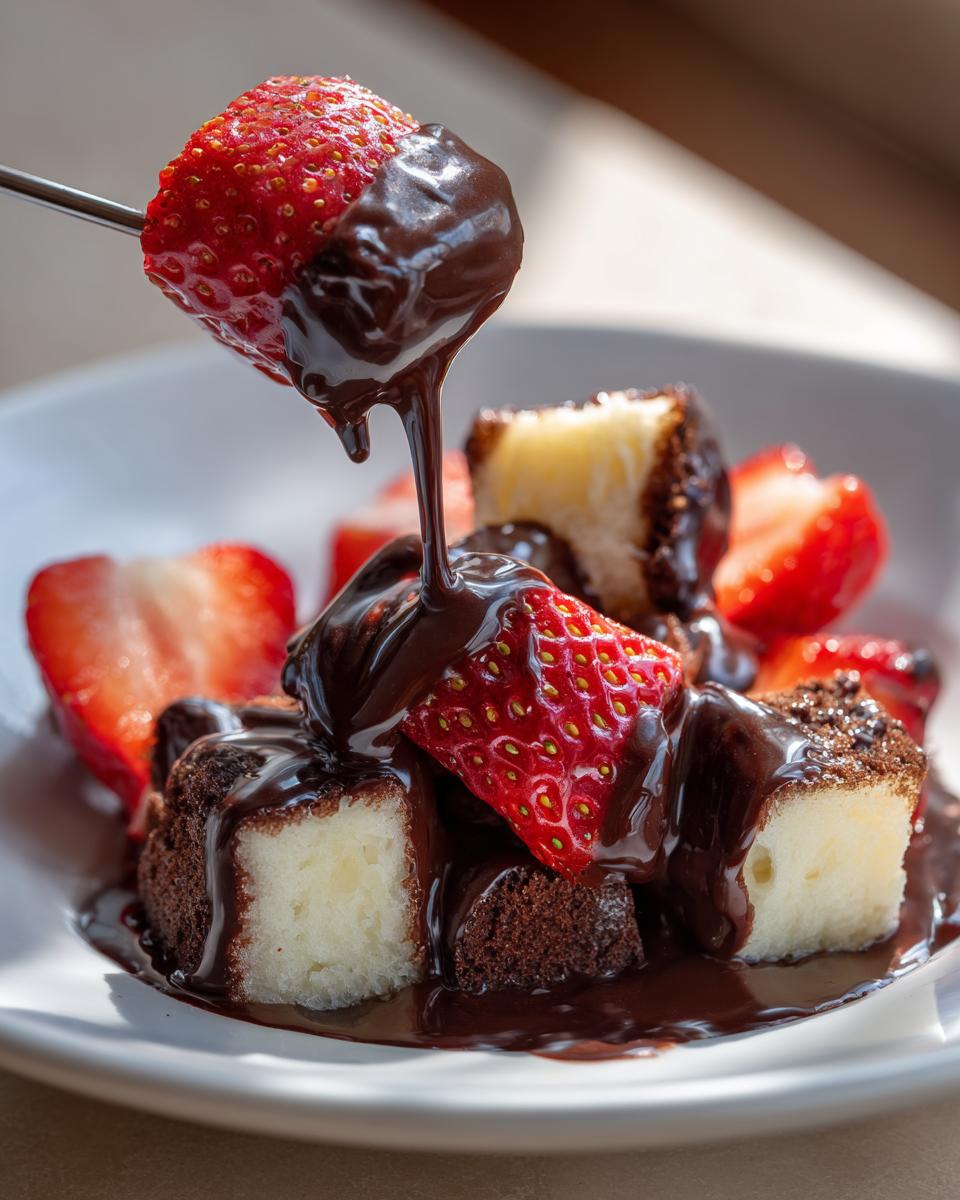A strawberry being dipped into rich, melted chocolate fondue, dripping over cake pieces below.