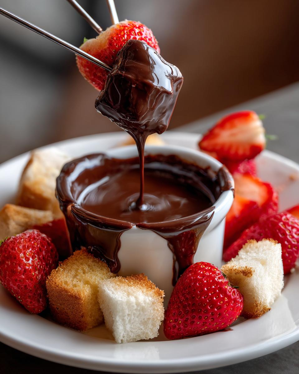 A strawberry piece, skewered on a fondue fork, dripping with melted chocolate from a bowl of chocolate fondue.