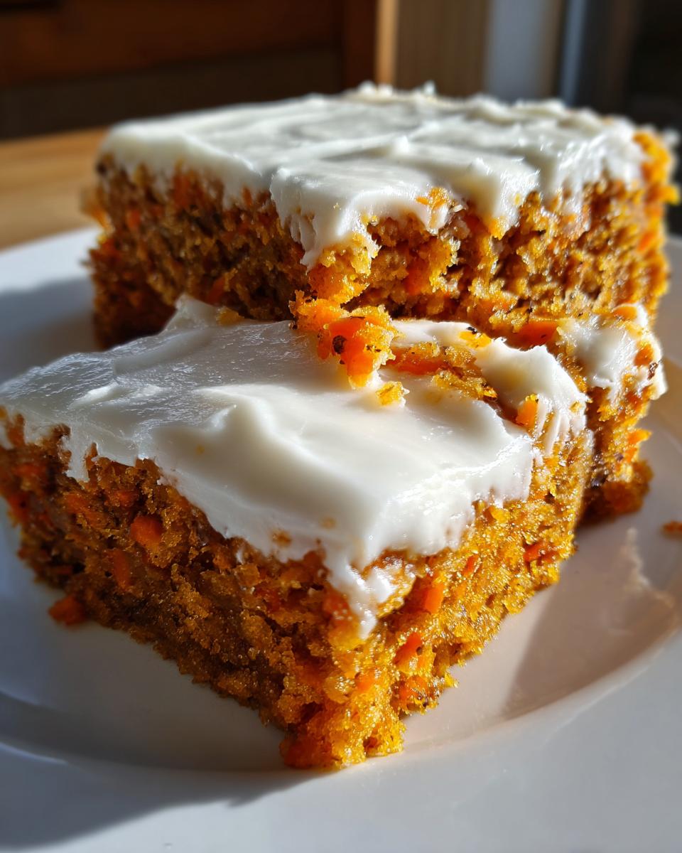 Two moist squares of carrot cake bars topped with thick, creamy white cream cheese frosting, sitting on a white plate.