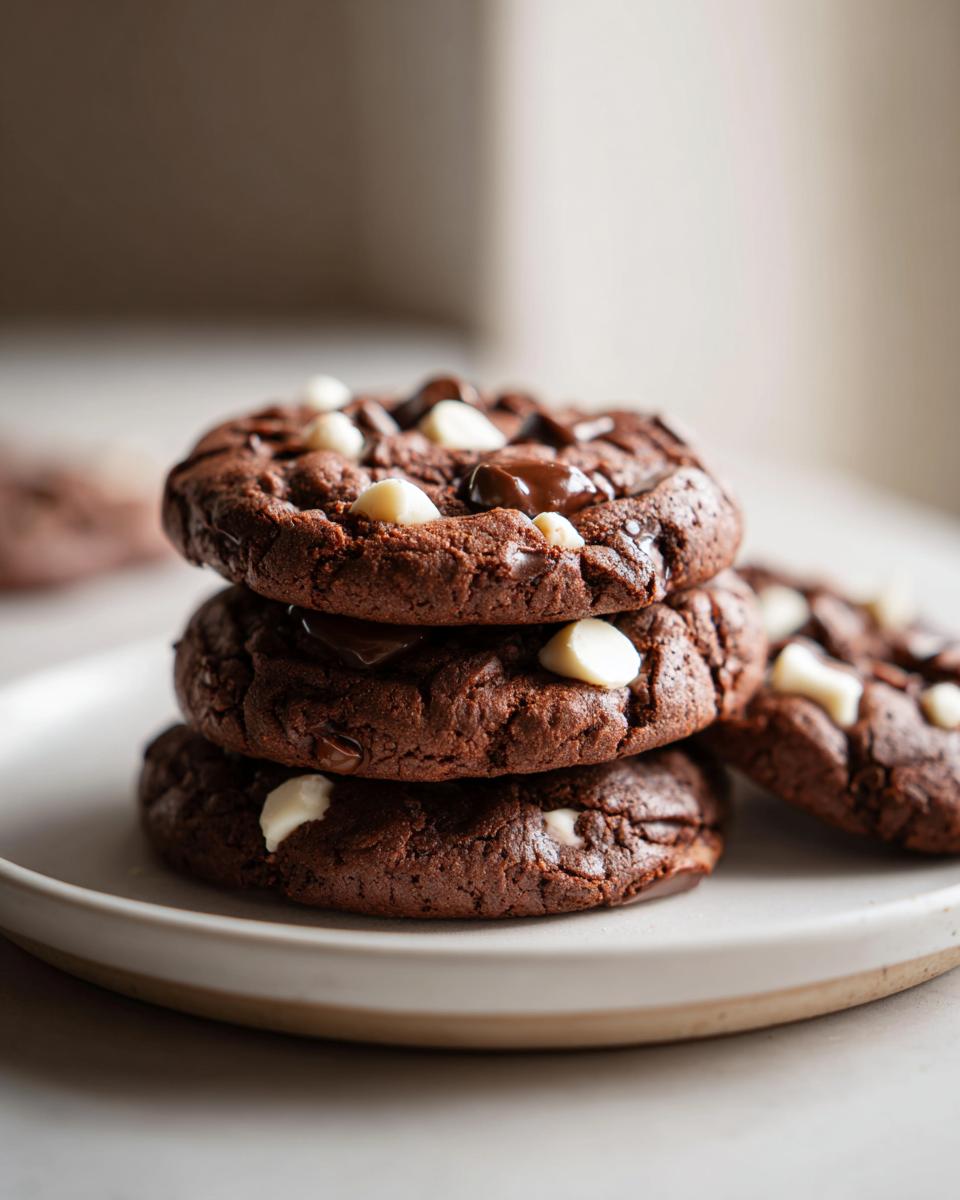 A stack of three rich, dark chocolate peppermint chocolate chip cookies topped with white chocolate chips.