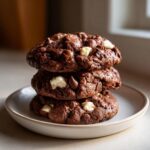 A stack of three rich, dark chocolate peppermint chocolate chip cookies with visible white and milk chocolate chunks.