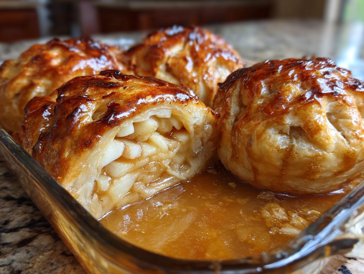 Close-up of a baked apple dumpling cut open, revealing spiced apple filling, sitting in a sweet glaze.