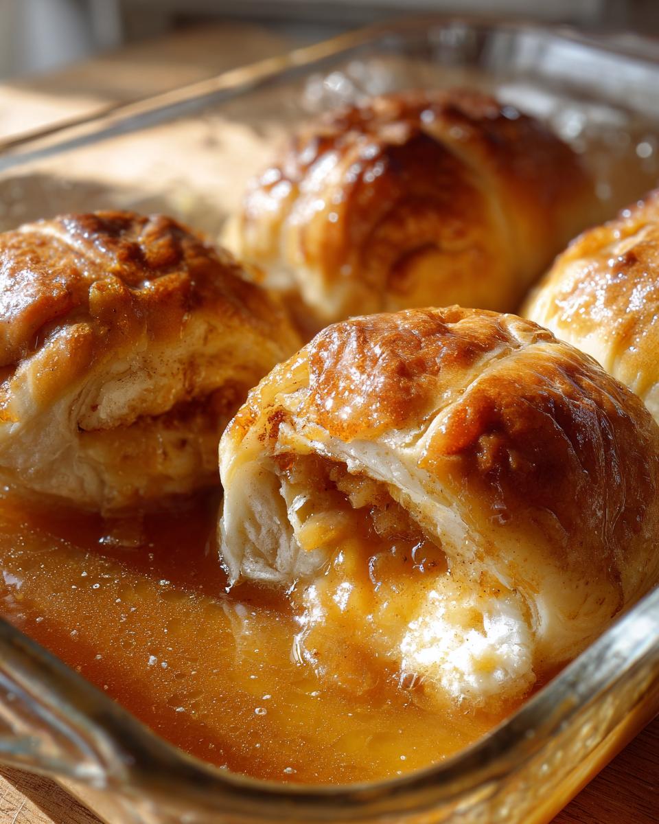 Close-up of a warm, glazed apple dumpling cut open, revealing soft filling in a rich caramel sauce.