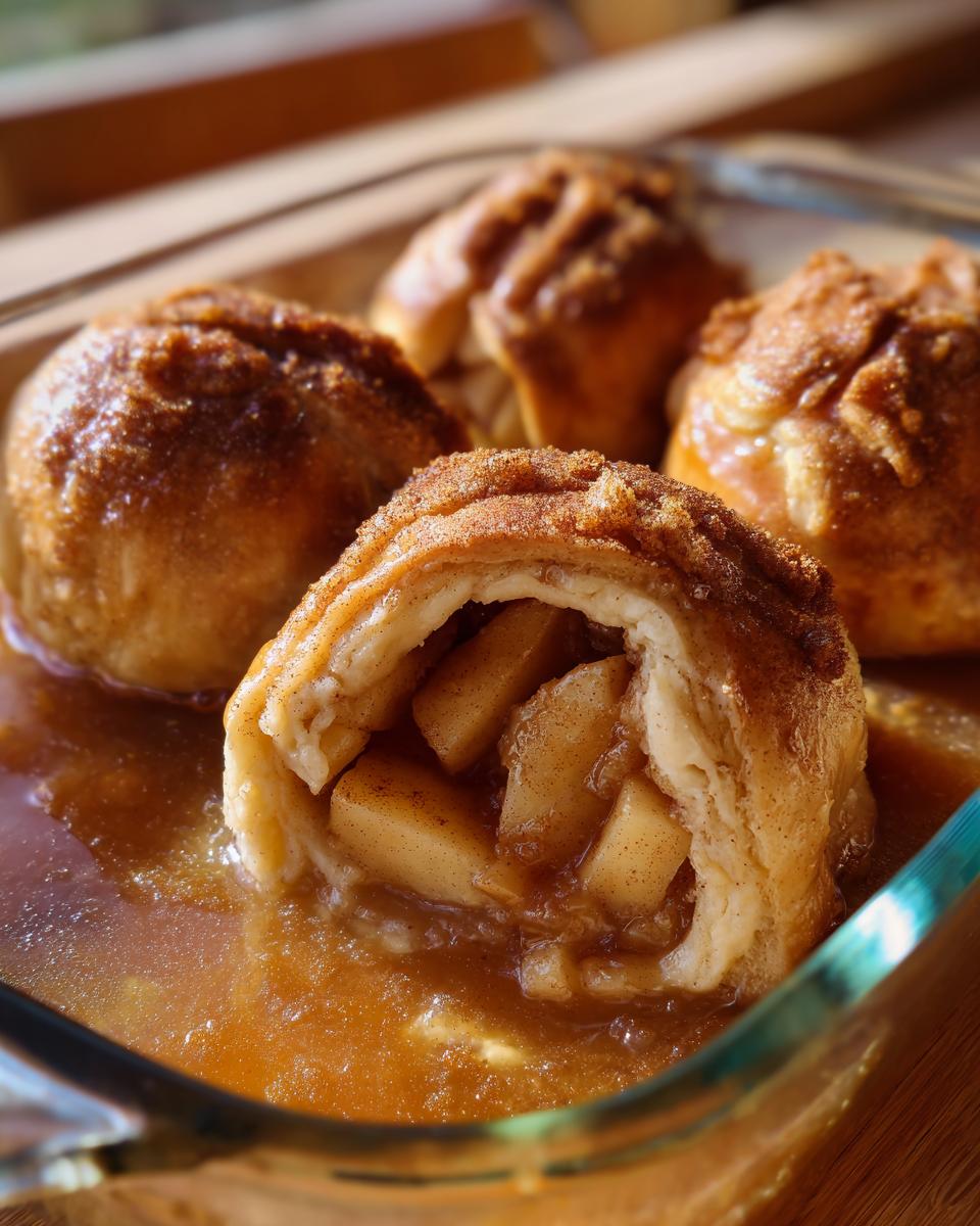 A close-up of an easy apple dumpling cut open, revealing spiced apple filling swimming in a rich cinnamon sauce.