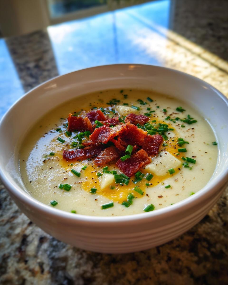 A creamy bowl of easy crockpot potato soup topped with crumbled bacon, chives, and melted cheese.