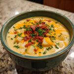 Close-up of a bowl of creamy easy crockpot potato soup topped with bacon, cheese, and chives.
