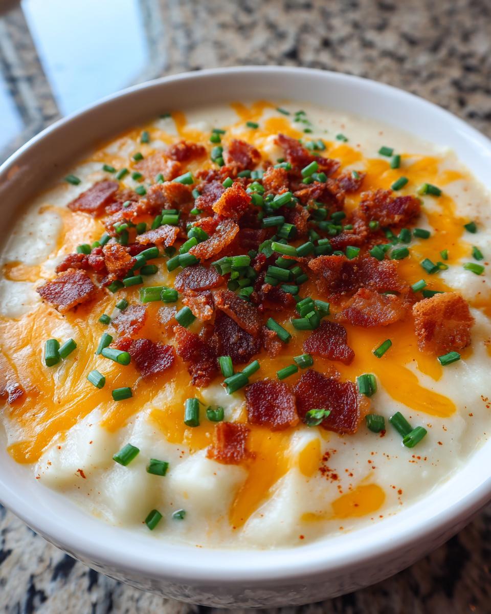 A close-up of creamy easy crockpot potato soup topped with melted cheddar, crispy bacon bits, and fresh chives.