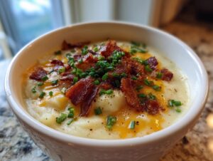 A close-up of creamy easy crockpot potato soup topped with melted cheddar, crispy bacon, and fresh chives.