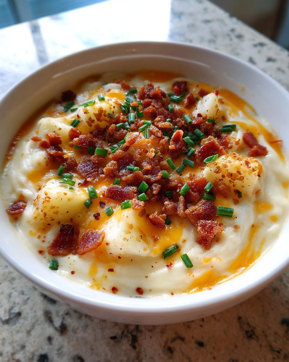 A close-up of a bowl of creamy easy crockpot potato soup topped with bacon bits, cheese, and chives.