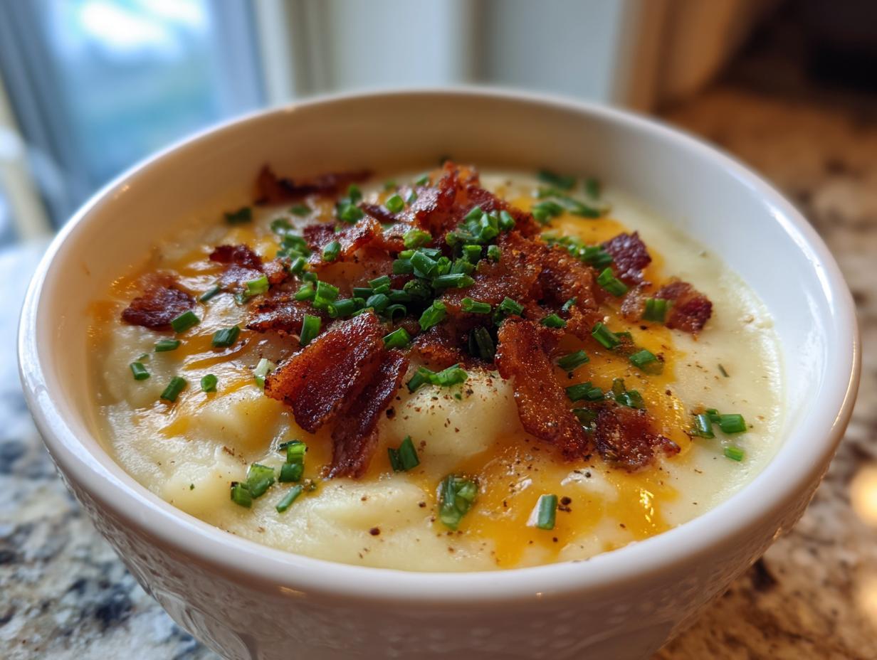 A close-up of creamy easy crockpot potato soup topped with melted cheddar, crispy bacon, and fresh chives.