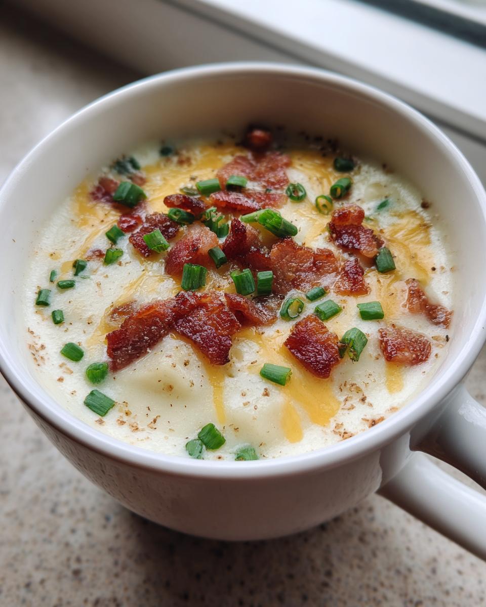 A white mug filled with creamy easy crockpot potato soup topped with bacon, cheese, and chives.