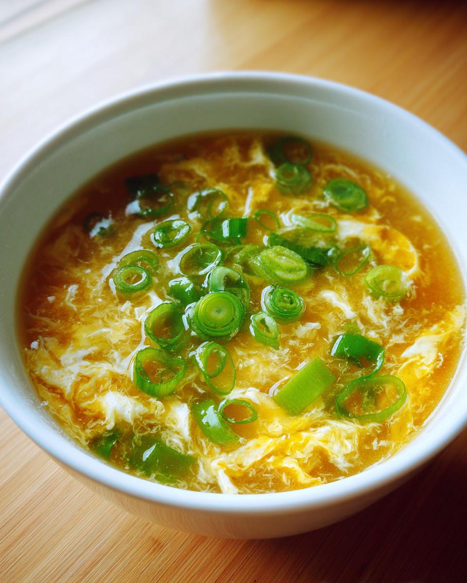 A close-up of a white bowl filled with savory egg drop soup, garnished with bright green sliced scallions.