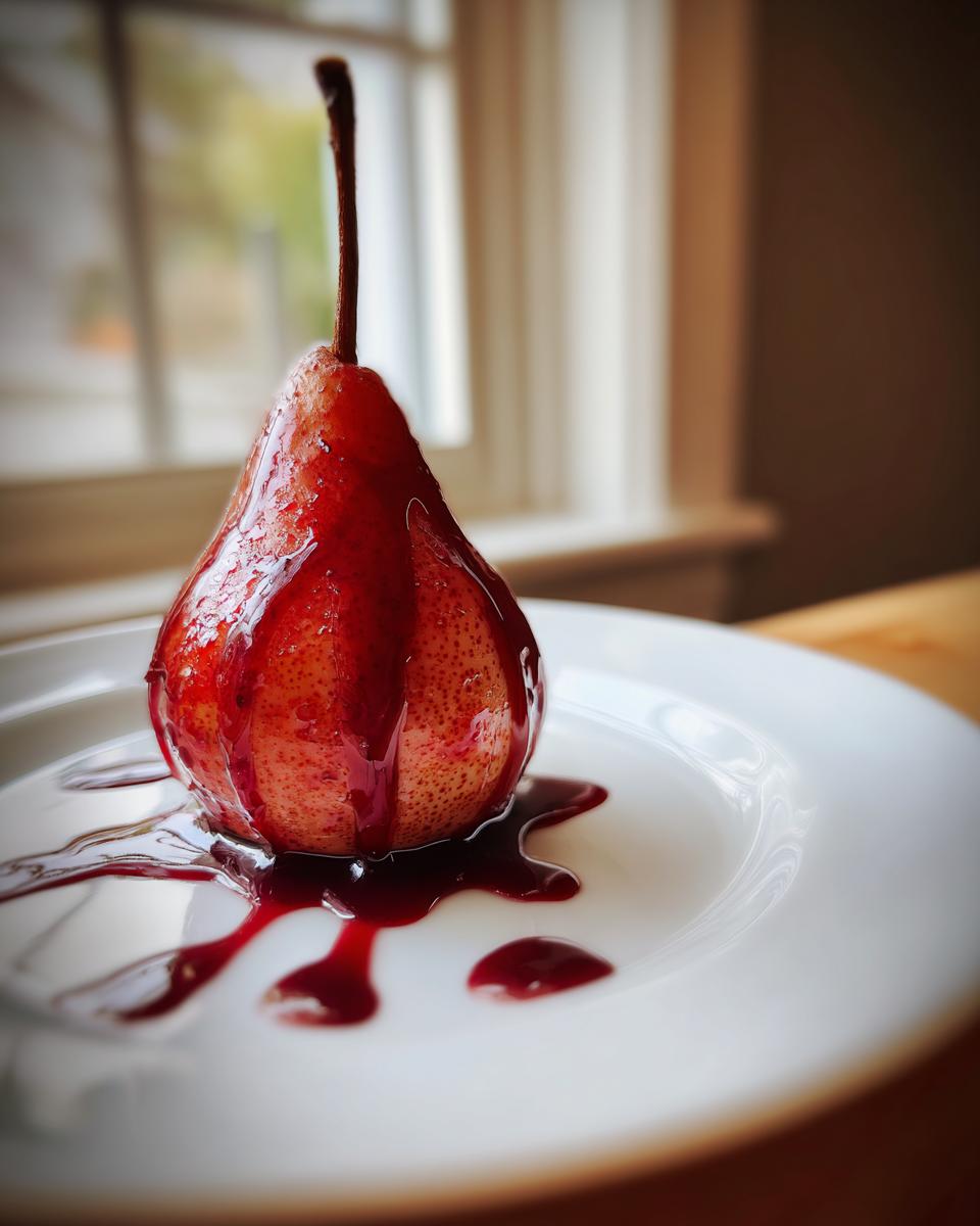 A single, beautifully poached pear covered in deep red syrup, served on a white plate.