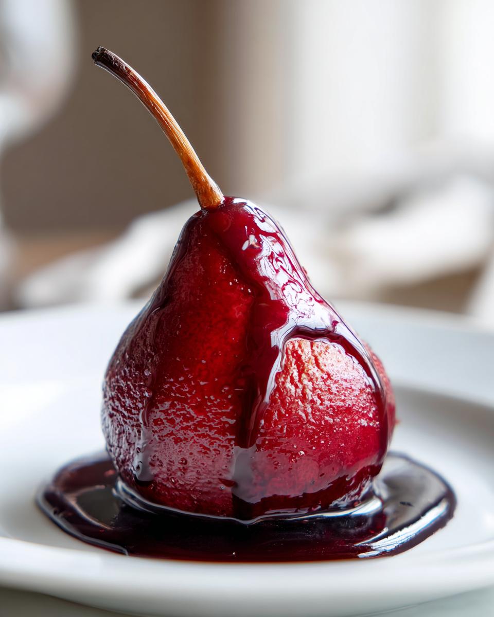 A single, vibrant red wine poached pears, glistening with dark syrup, served on a white plate.