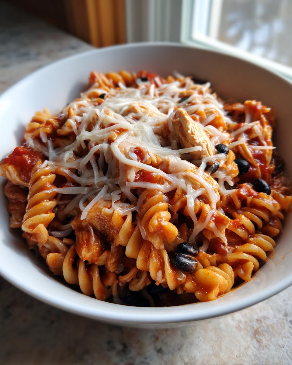 A close-up of a white bowl filled with cheesy enchilada pasta featuring rotini, chicken, and black beans.