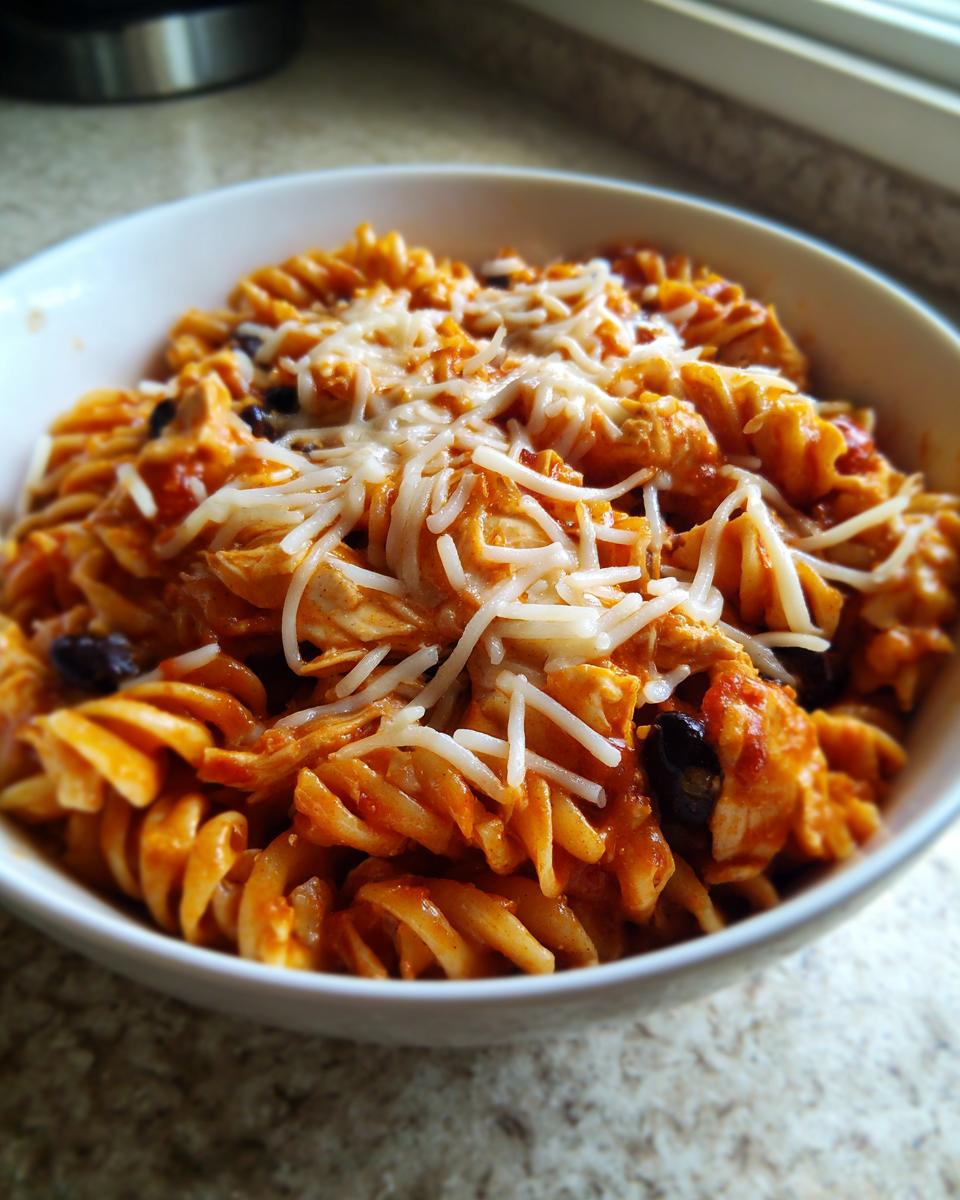 A close-up of a white bowl filled with creamy, orange enchilada pasta mixed with chicken and black olives, topped with shredded white cheese.