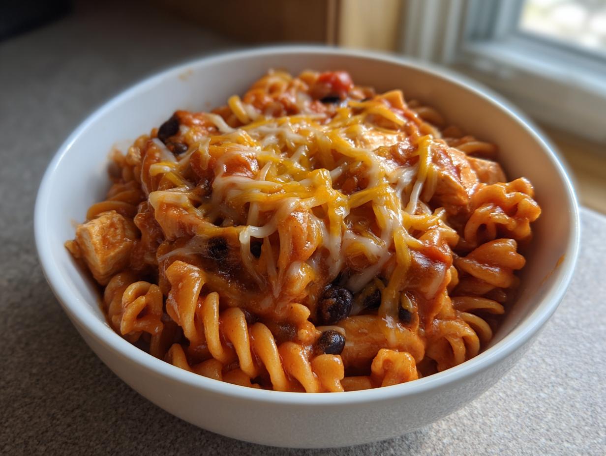 A white bowl filled with cheesy, saucy enchilada pasta featuring rotini noodles and black beans.