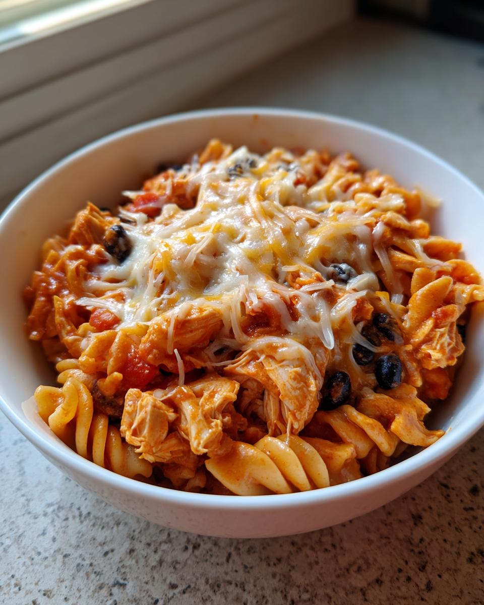 Close-up of a white bowl filled with cheesy enchilada pasta, featuring rotini, shredded chicken, black olives, and melted cheese.