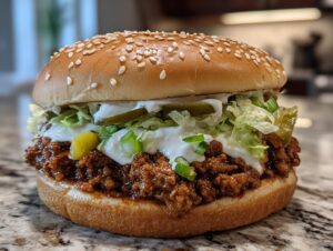 A close-up of a fully assembled big mac sloppy joes featuring ground meat, shredded lettuce, pickles, and white sauce on a sesame seed bun.