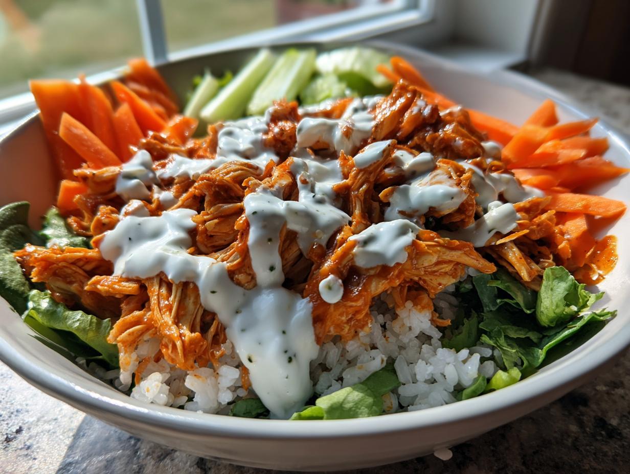 A close-up of a vibrant buffalo chicken bowl featuring shredded spicy chicken, white rice, lettuce, carrots, and a drizzle of ranch dressing.