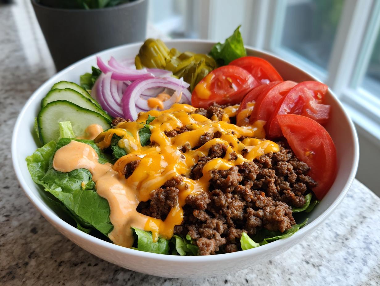 A vibrant cheeseburger bowl featuring seasoned ground beef, melted cheese, lettuce, tomatoes, onions, and special sauce.