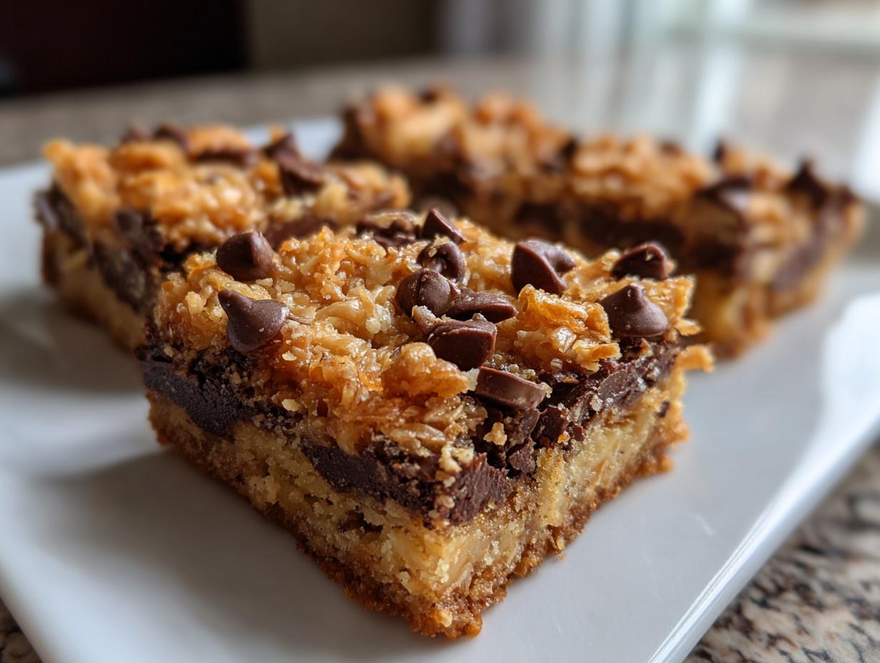 A close-up view of a square of rich magic cookie bars featuring a thick crust, melted chocolate, and toasted coconut topping with chocolate chips.