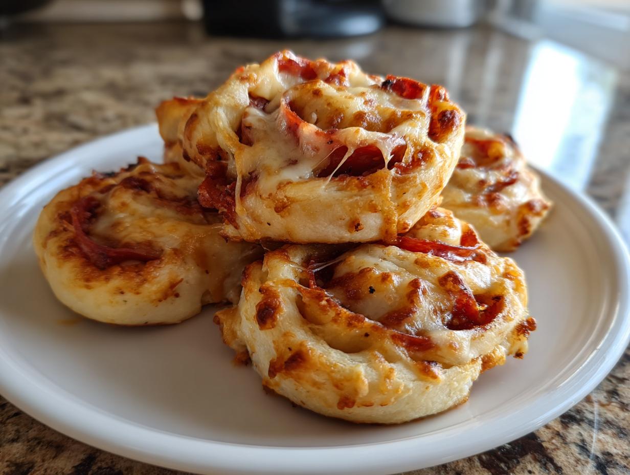 Close-up of four baked pizza pinwheels stacked on a white plate with melted, gooey cheese.