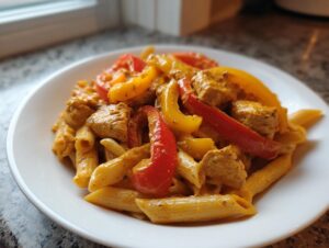 A close-up of a serving of creamy Rasta Pasta mixed with chunks of chicken and bright red and yellow bell pepper strips.