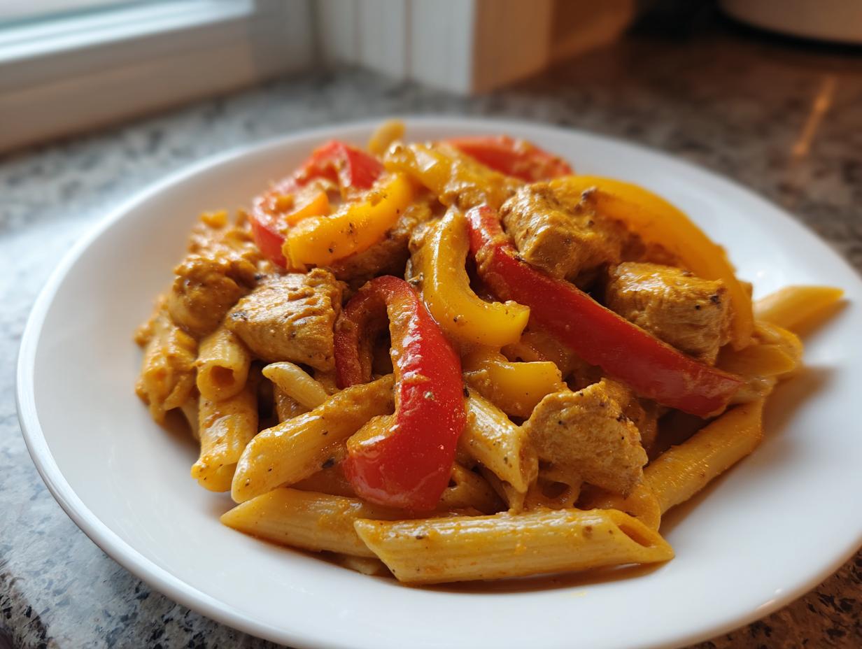 A close-up of a serving of creamy Rasta Pasta mixed with chunks of chicken and bright red and yellow bell pepper strips.