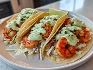 Three perfectly assembled shrimp taco on soft corn tortillas, topped with shredded cabbage and a generous drizzle of creamy green sauce.