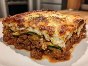 A close-up shot of a hearty slice of zucchini lasagna featuring layers of rich meat sauce and melted, browned cheese topping.