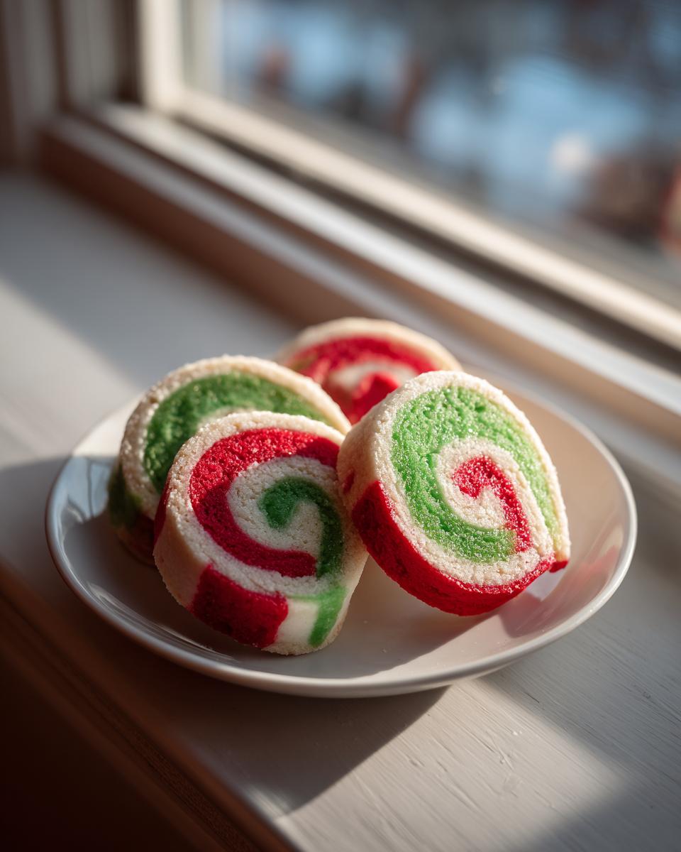 Four colorful pinwheel cookies with red and green swirls, dusted with sugar, resting on a white plate by a window.