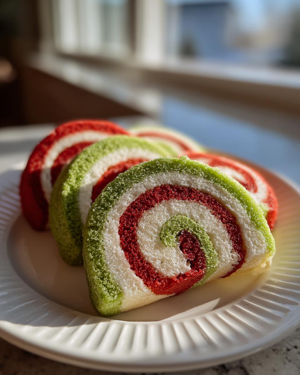 Slices of colorful red, white, and green pinwheel cookies arranged on a white plate.