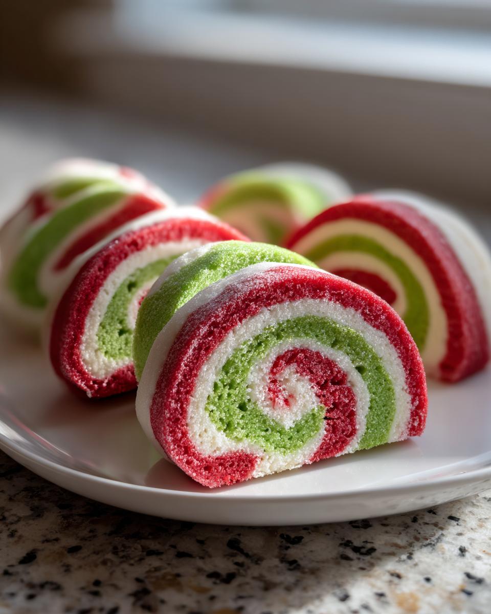 Slices of colorful red, white, and green pinwheel cookies dusted with sugar, arranged on a white plate.