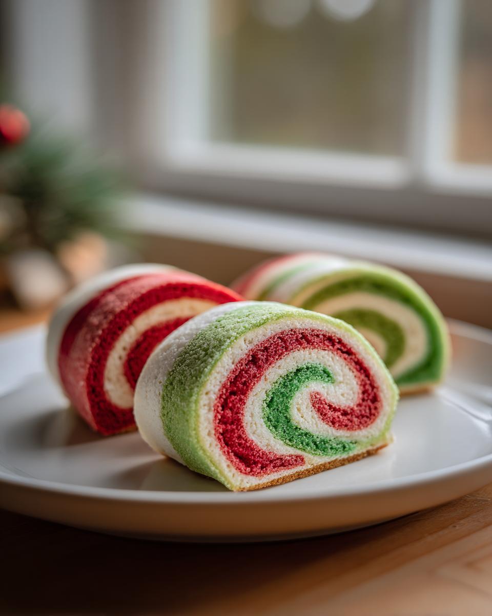 Three slices of festive red, green, and white pinwheel cookies arranged on a white plate.