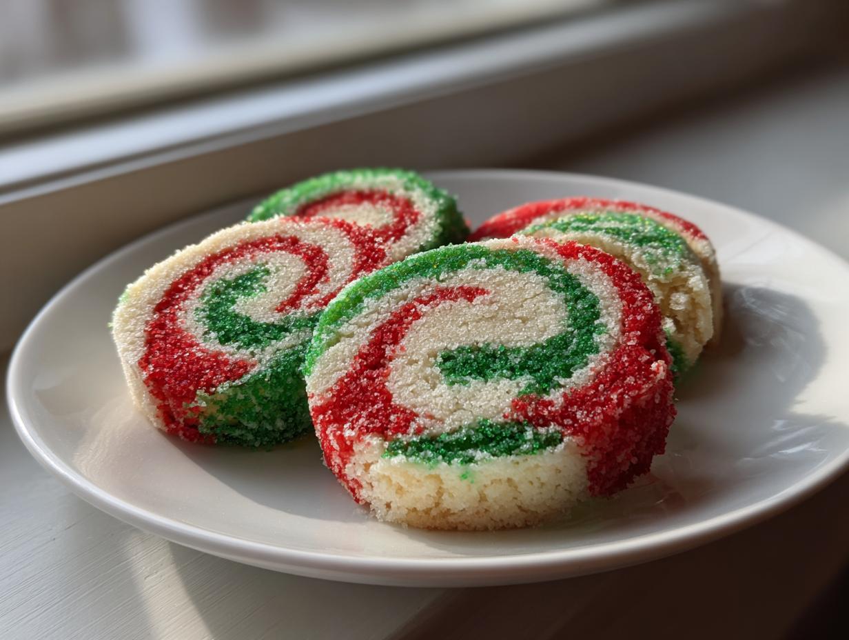 Four slices of festive red, green, and white pinwheel cookies coated in sparkling sugar on a white plate.