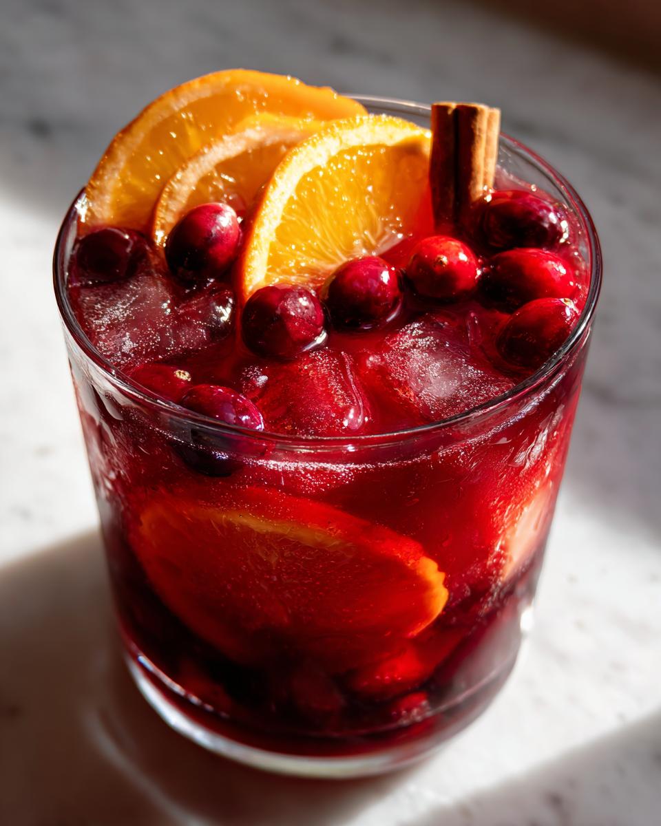 Close-up of a vibrant red Thanksgiving punch garnished with fresh cranberries, orange slices, and a cinnamon stick.