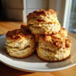 Close-up of a stack of four golden, flaky buttermilk biscuits on a white plate, highlighted by sunlight.