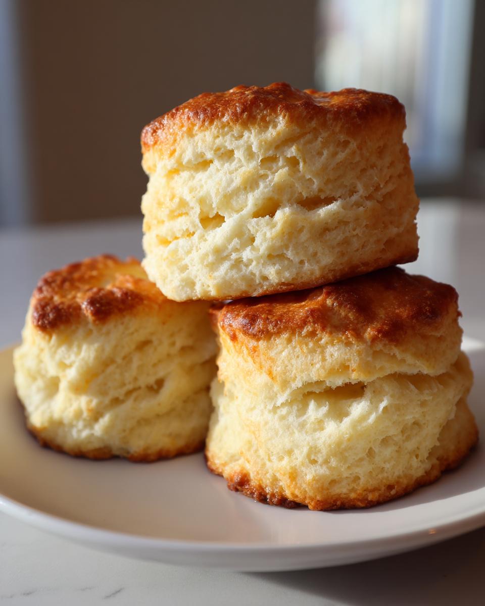 Three tall, flaky buttermilk biscuits stacked on a white plate, showing their golden-brown tops and soft interior.