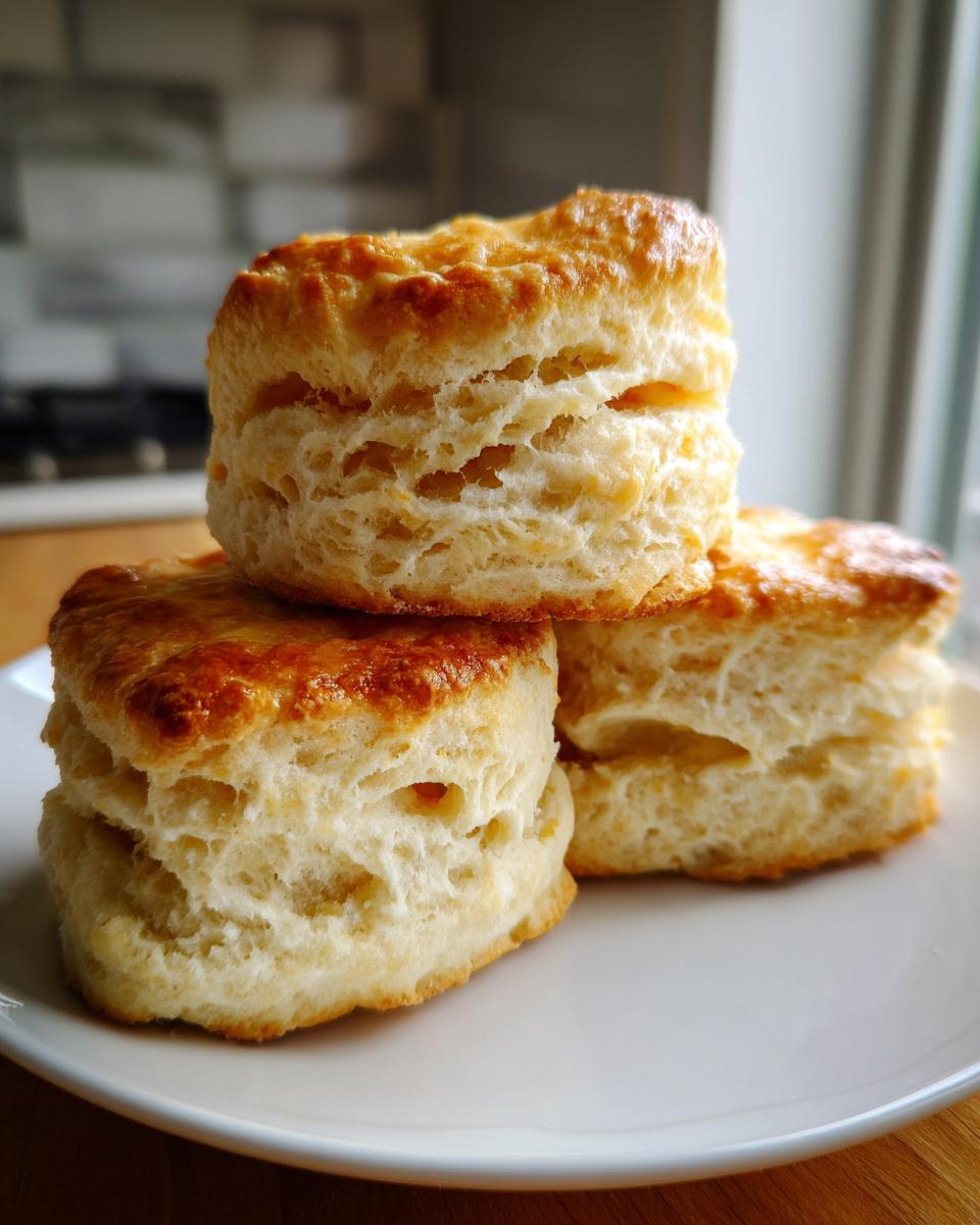 Three golden-brown, flaky buttermilk biscuits stacked on a white plate, showing their layered texture.