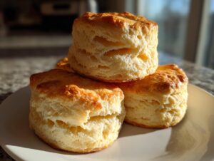Close-up of three golden-brown, flaky buttermilk biscuits stacked on a white plate.