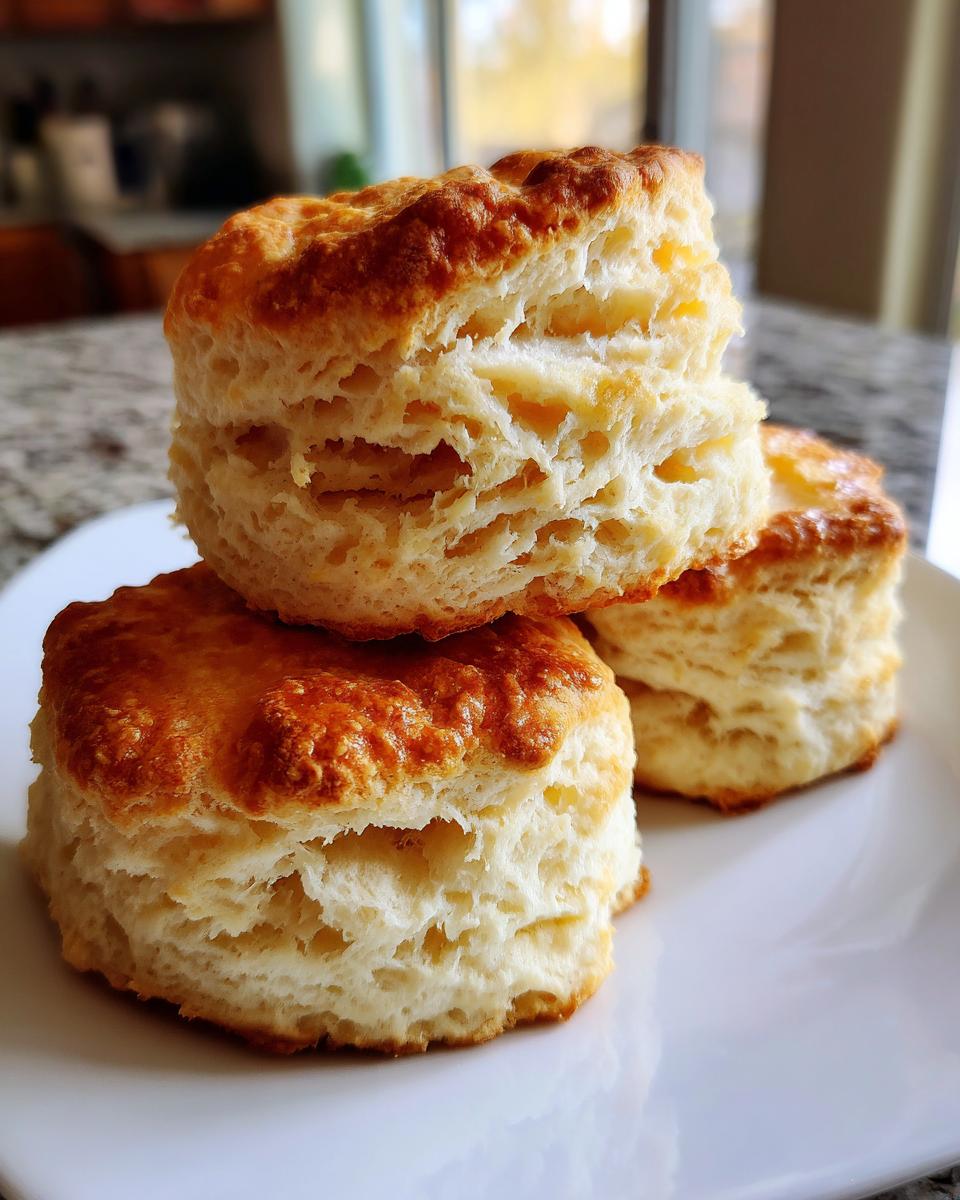 Close-up of three flaky buttermilk biscuits stacked on a white plate, showing their golden tops and airy interior.
