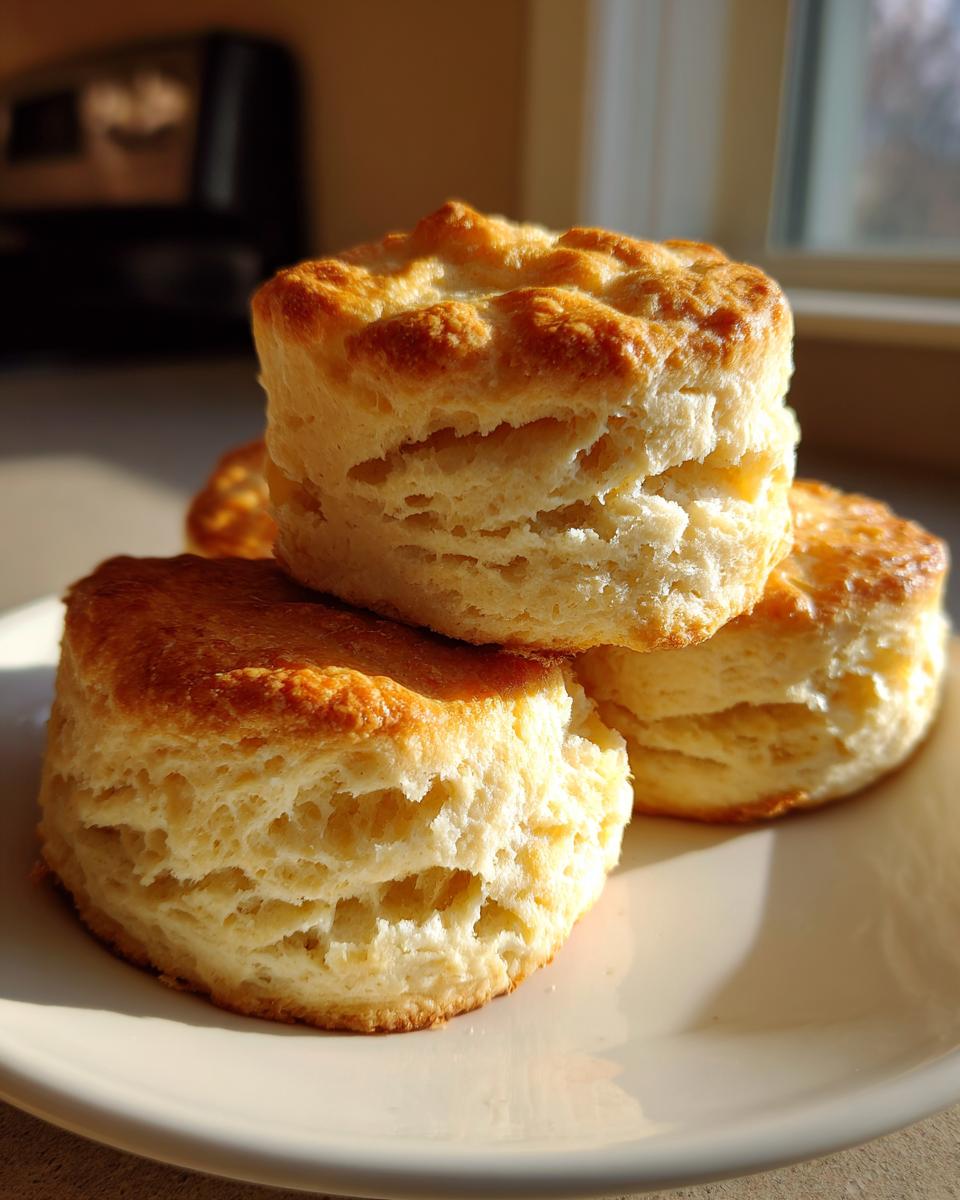 A stack of three golden-brown, flaky buttermilk biscuits resting on a white plate, highlighted by sunlight.