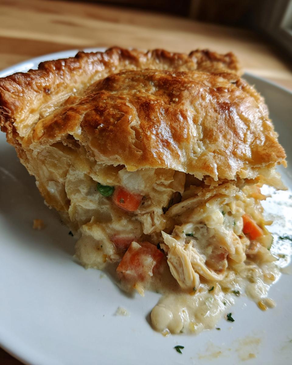 Close-up of a slice of turkey pot pie showing flaky golden crust and creamy filling with turkey and vegetables.