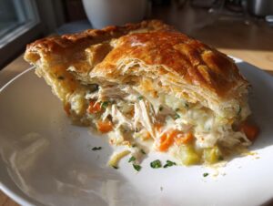 Close-up of a slice of turkey pot pie showing flaky golden crust and creamy filling with shredded turkey and carrots.
