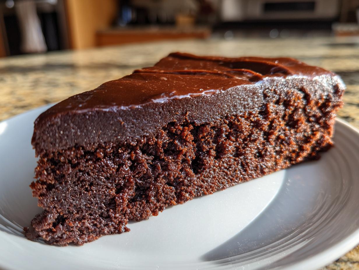Close-up of a moist slice of flourless chocolate cake topped with glossy dark chocolate frosting.