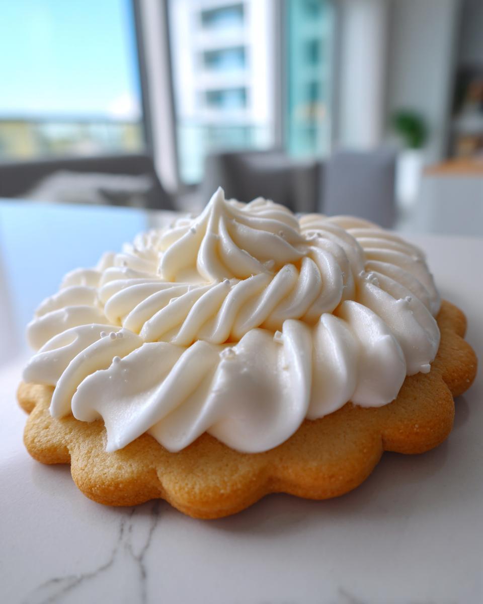 Close-up of a flower-shaped sugar cookie topped with thick, piped white sugar cookie icing.