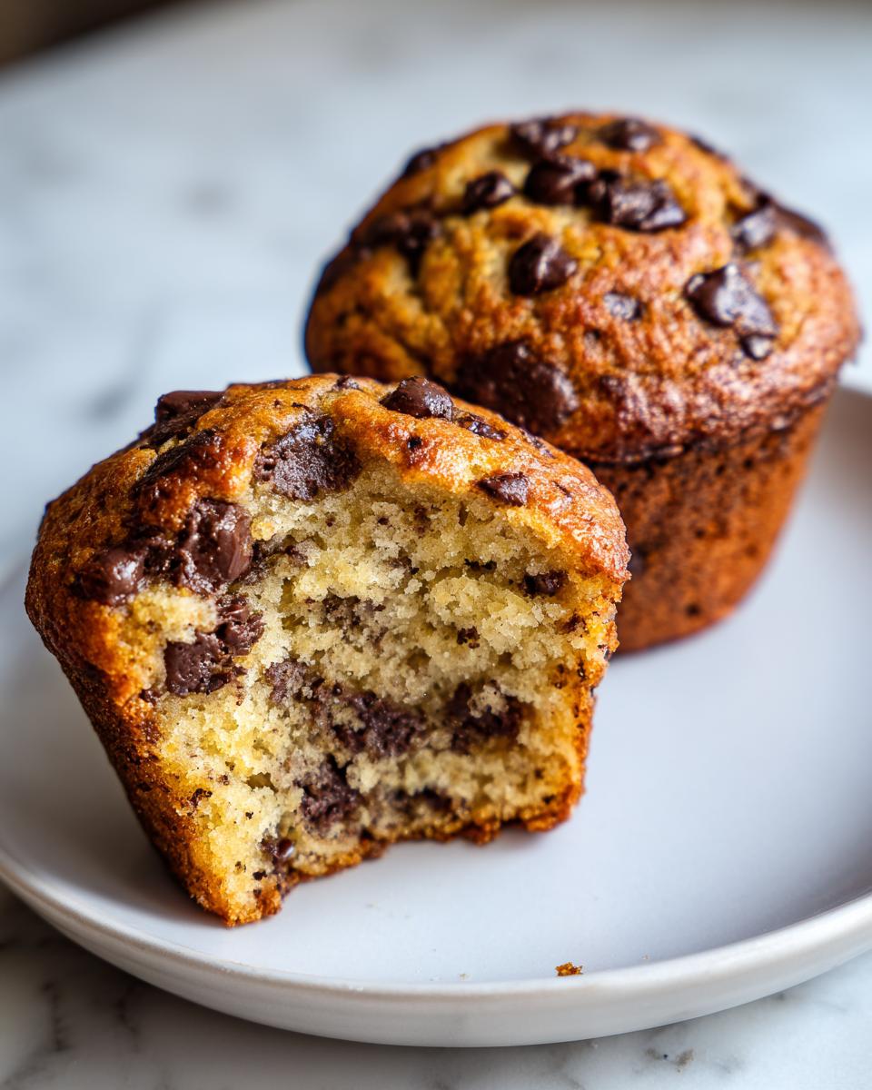 Close-up of fluffy banana chocolate chip muffins, one broken open showing the moist interior and melted chocolate chips.