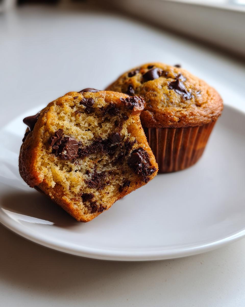 Close-up of a fluffy banana chocolate chip muffin cut in half showing moist interior and melted chocolate chips.